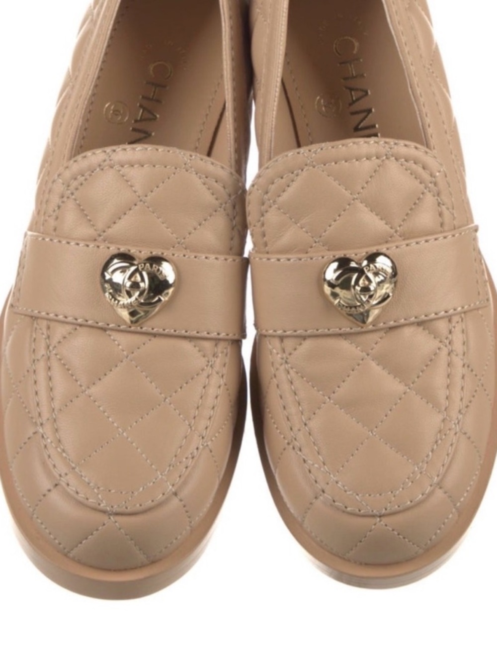 CHANEL Quilted Nude Leather Loafers with Gold Heart Logo